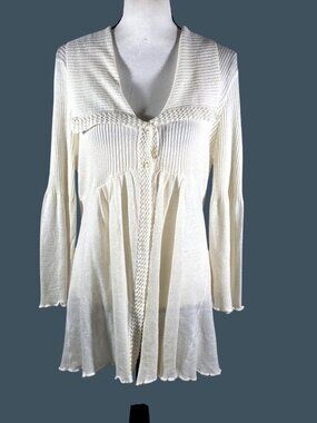 Vintage ivory flounce lettuce hem bell Long Sleeve Knit Cardigan Sweater L fairy
